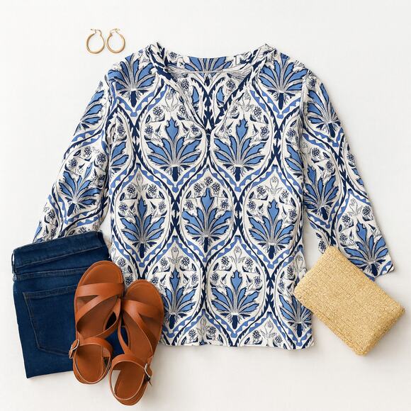 Talbots Blue White Print Popover Top V Neck Long Sleeve Size 3X NWT - Picture 3 of 10